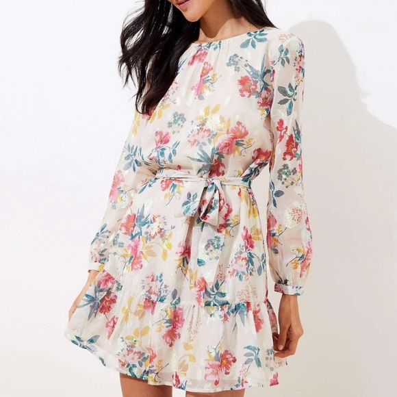 LOFT Dresses & Skirts - NWT LOFT Floral Metallic Shimmer Flounce Dress, Size 8